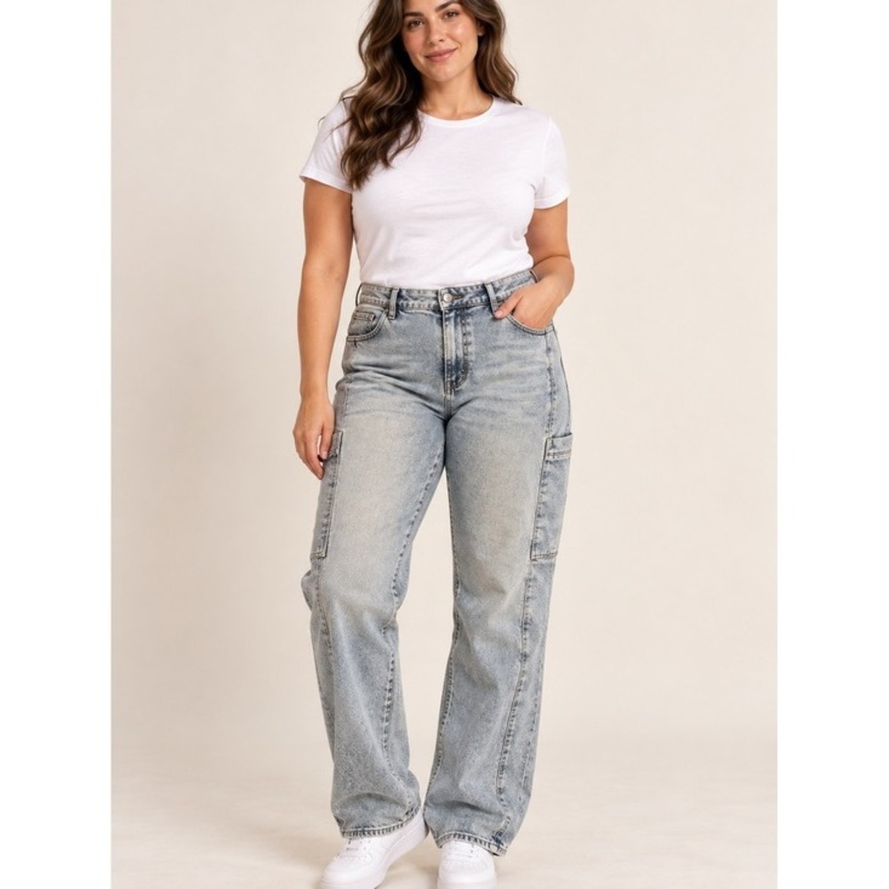 SO Acid Wash Utility Jeans Wide Leg Cargo Denim Light Wash Size 17 33W